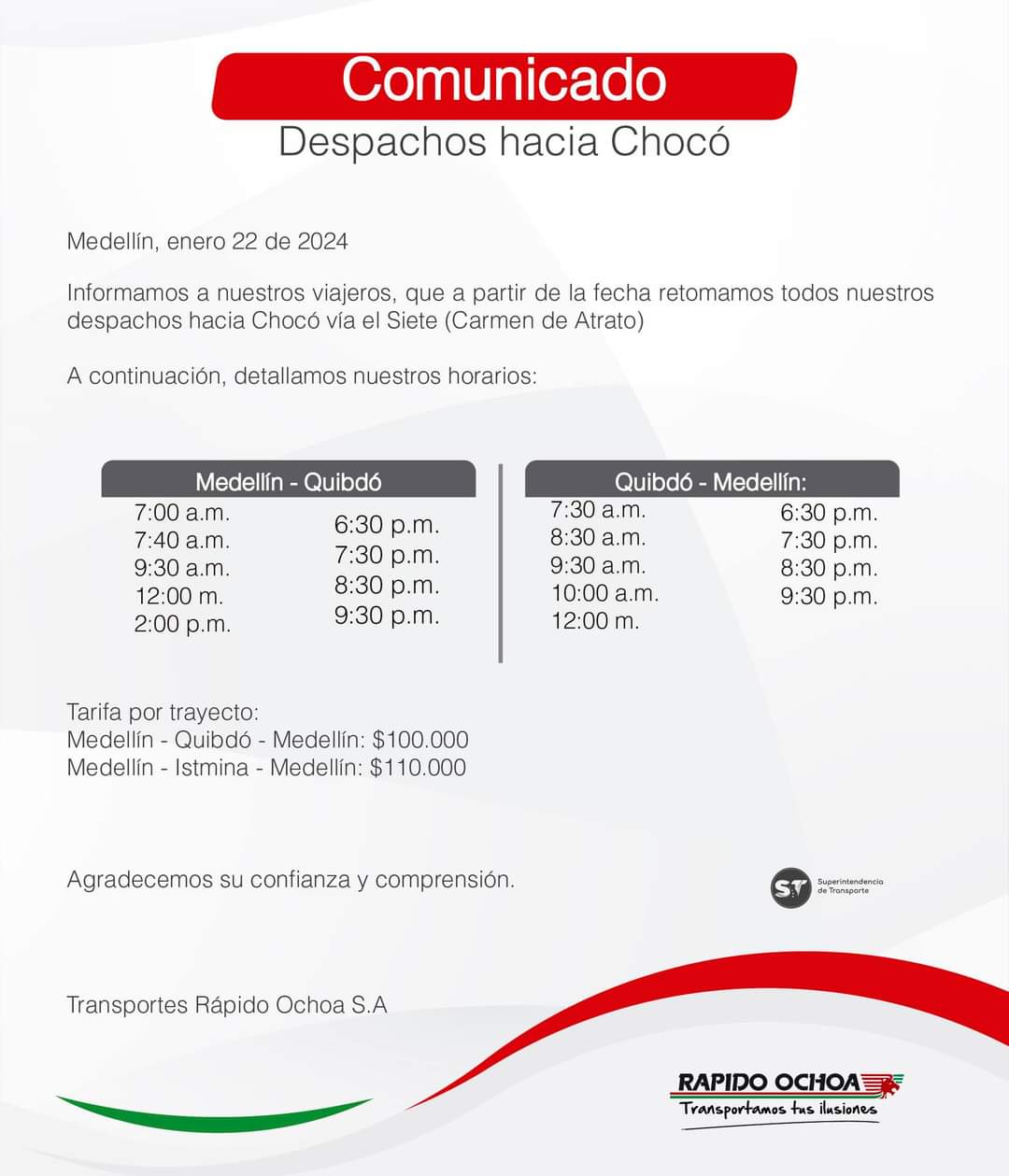 Comunicado de la empresa Rápido Ochoa 