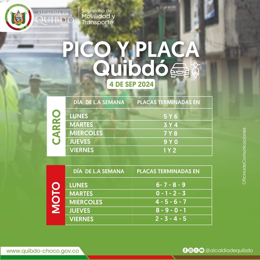 PICO Y PLACA QUIBDÓ 04 DE SEPTIEMBRE DE 2024